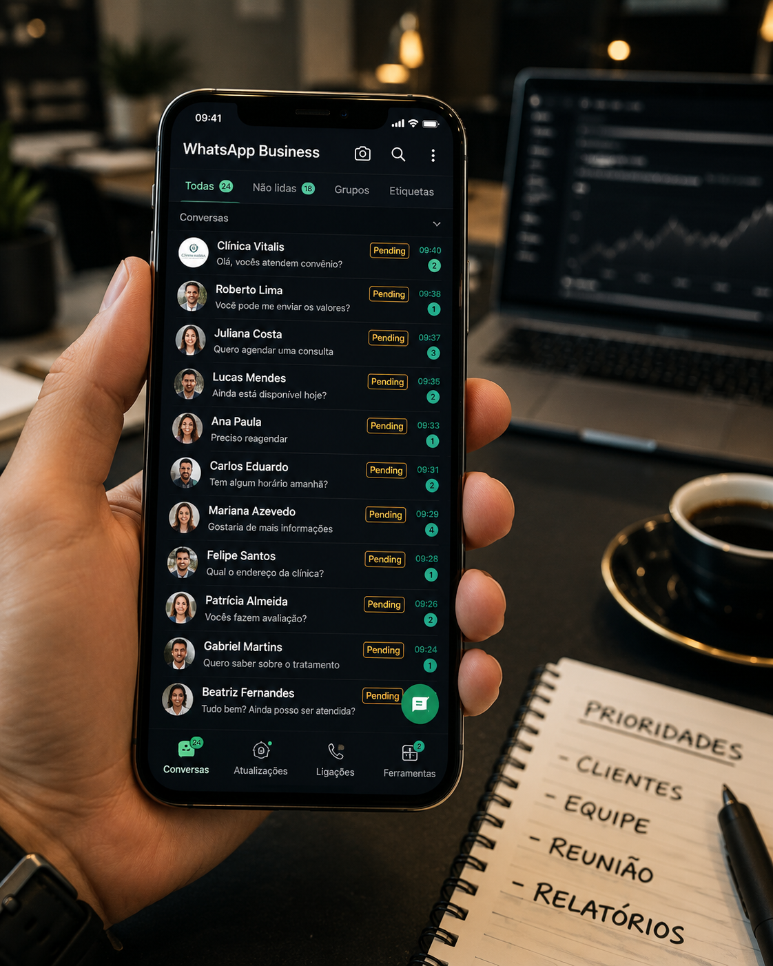 WhatsApp Business with 18 unread conversations, all marked as Pending — leads waiting for a reply while the owner juggles laptop, coffee and a list of priorities